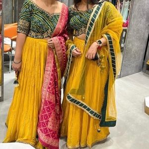 Georgette Lehenga Dark Green and Yellow